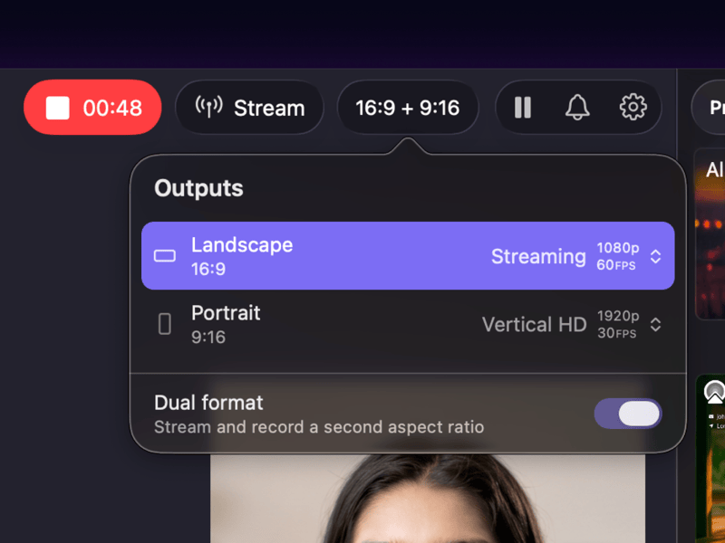 Camo's Outputs menu with dual format on, streaming 16:9 landscape and recording 9:16 portrait