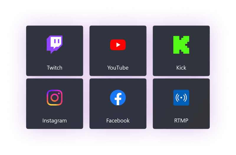 Camo's streaming destinations: Twitch, YouTube, Kick, Instagram, Facebook and custom RTMP