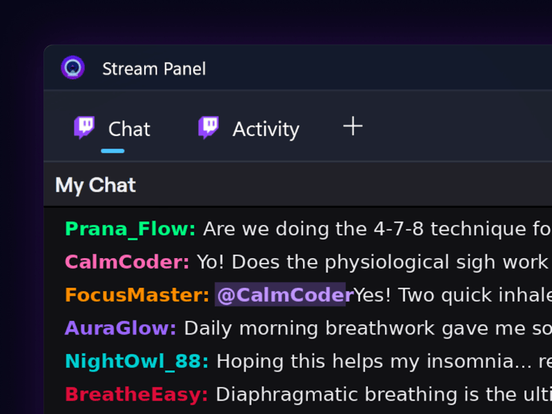 Camo's stream panel, showing the chat and activity tabs