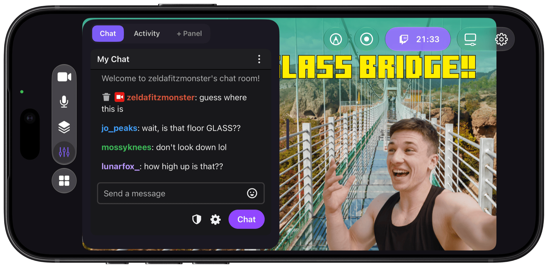 Camo Studio on iPhone in landscape, live on Twitch: the chat panel is open with viewers reacting, beside a scene of a creator taking a selfie on a glass-floored suspension bridge under a pixel-style Glass Bridge!! title