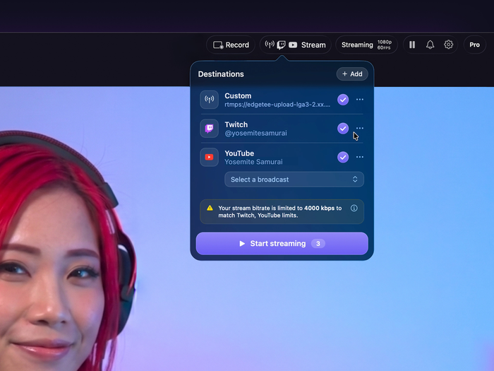 Le menu déroulant des destinations de streaming de Camo