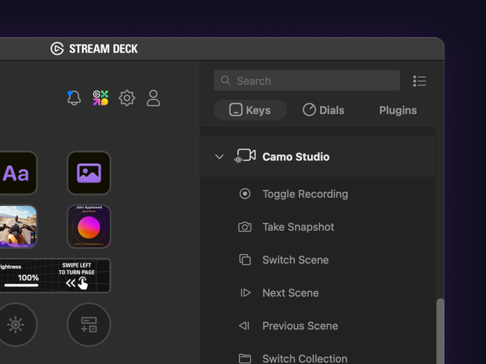 Les actions configurables de Camo dans l’application Stream Deck d’Elgato