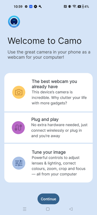 Camo Camera's welcome screen