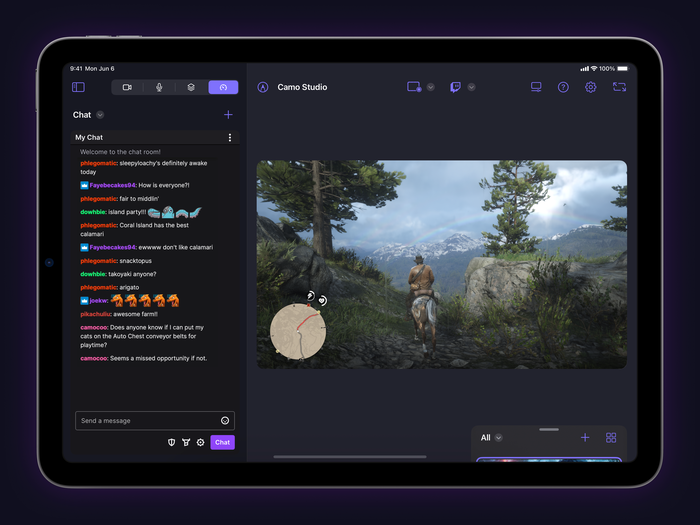 A Twitch chat stream panel in Camo Studio for iPad