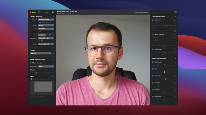 Lucian utilisant Camo Studio sous macOS 11 avec le thème sombre.