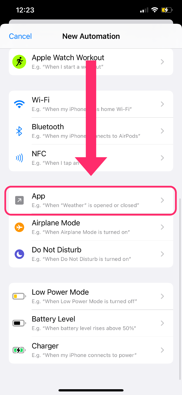 scorri verso il basso per selezionare App