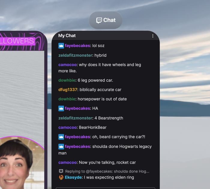 A Twitch chat stream panel in Camo Studio for Apple Vision.
