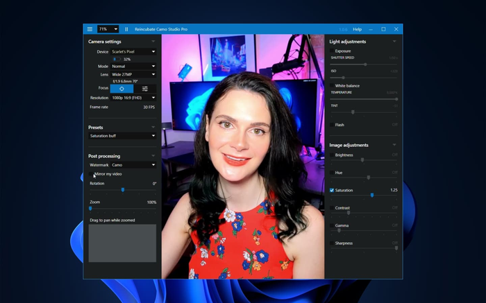 Camo Studio sous Windows 11 avec le thème sombre, connecté à un appareil Android.