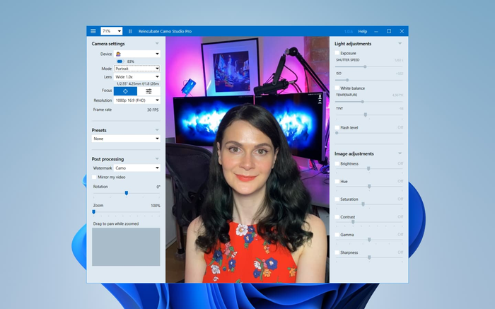 Camo Studio sous Windows 11 avec le thème clair, connecté à un appareil Android.