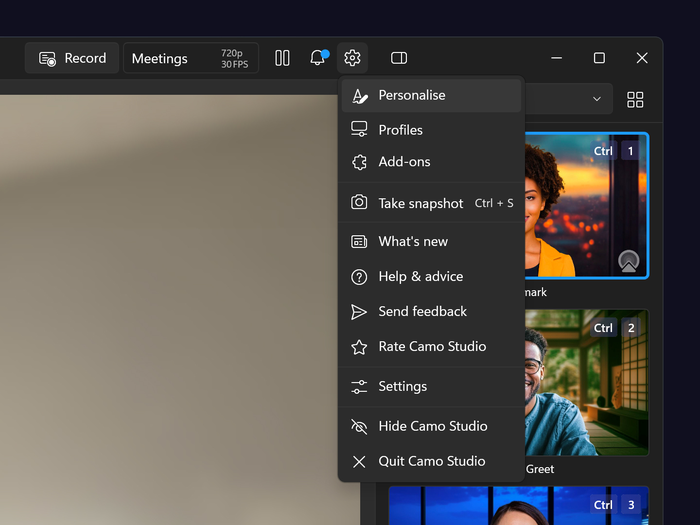 Camo Studio for Windows 中位置调整后的标题栏菜单。