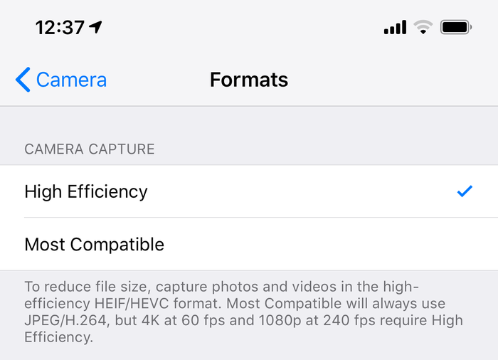 The iOS Camera Formats menu for configuring use of HEIF