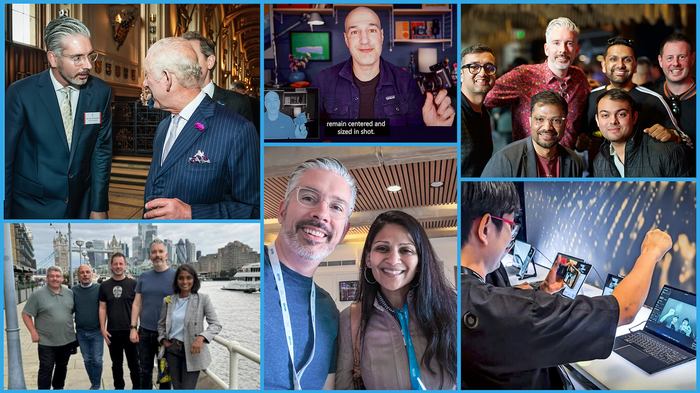 Ein ereignisreiches Jahr mit großartigen Partnern und Auszeichnungen. Im Uhrzeigersinn von oben links: auf Schloss Windsor bei der Zeremonie zum King’s Award, Camo auf der Bühne bei Microsoft Build, ein Treffen mit dem Qualcomm-Team beim Launch des Copilot+-PCs, Camo am AMD-Stand auf der Computex, ein Treffen mit Arm in Cambridge und der Empfang von Microsofts VP-Windows-&-Devices-Team in London.
