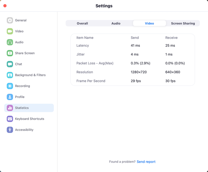 Zoom’s Statistics screen tracks the current resolution, latency, and other information about the current call.
