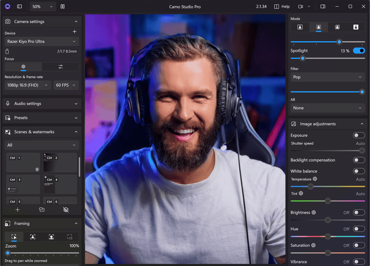 A interface de streaming do Camo Studio