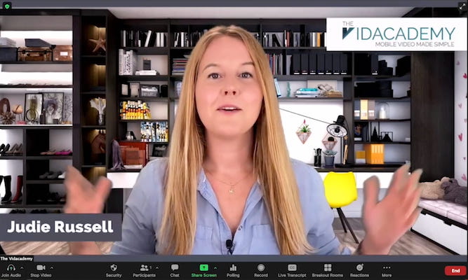 Judie Russel from Vidacademy on a Zoom call