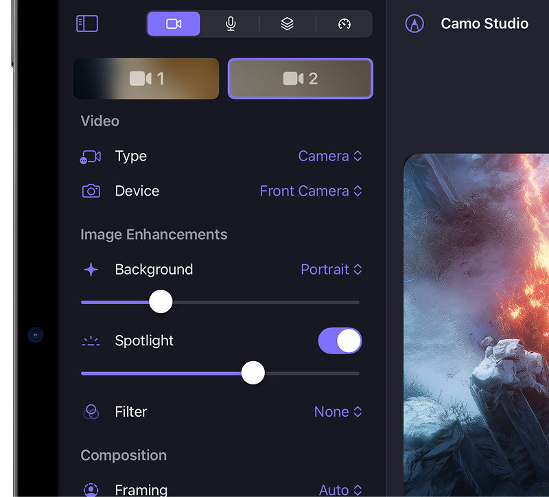 Camo Studio for iPad의 장면 설정