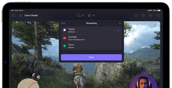 Camo Studio for iPad를 사용해 콘솔 게임을 Twitch로 스트리밍하는 모습