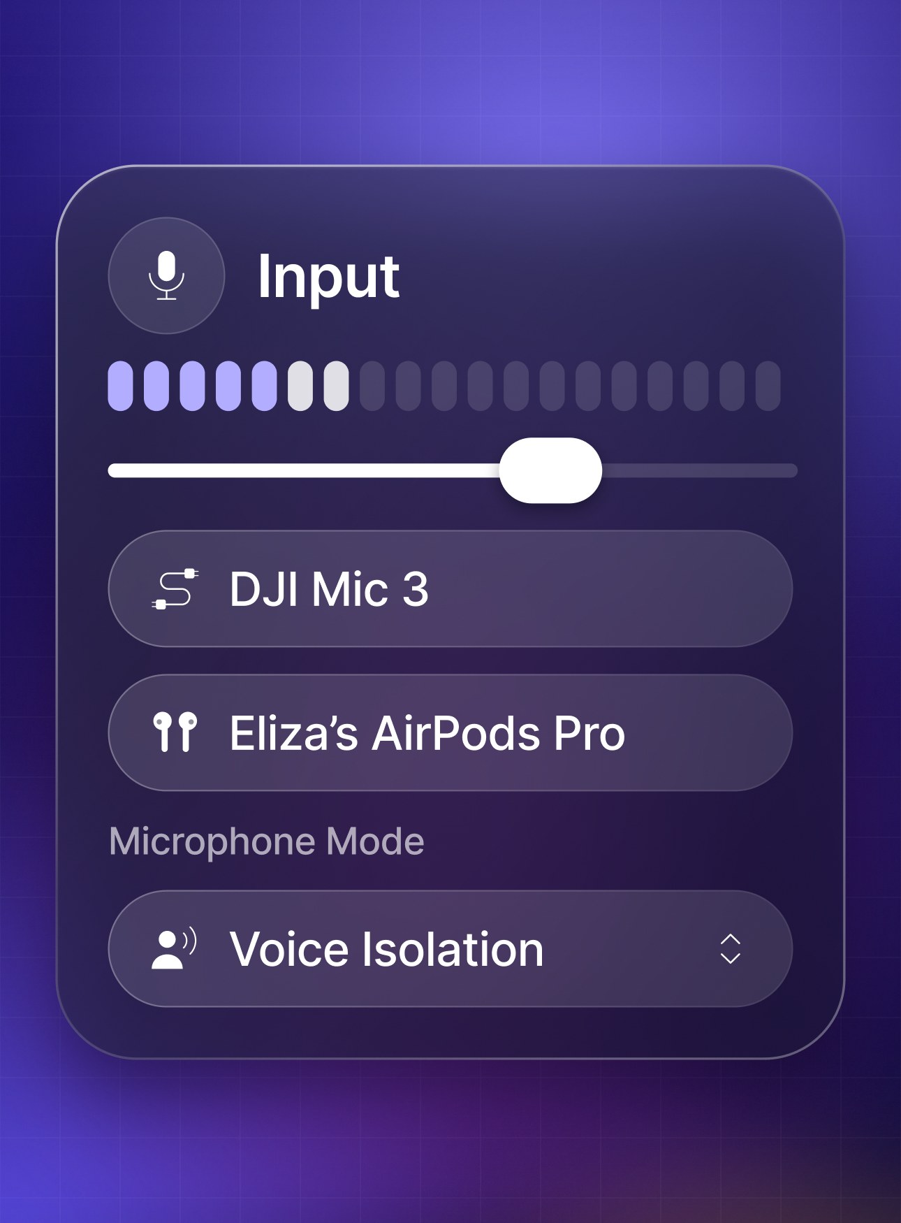 Camo Studio's audio Input panel: level meter, gain slider, DJI Mic 3 and Eliza's AirPods Pro as sources, and Voice Isolation as the microphone mode