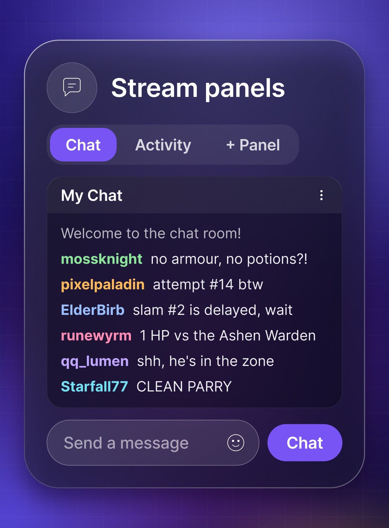 Camo Studio's stream panels: the Chat tab open beside Activity and + Panel, with viewers cheering on a one-HP, no-armour run against a fantasy boss, and a Send a message field