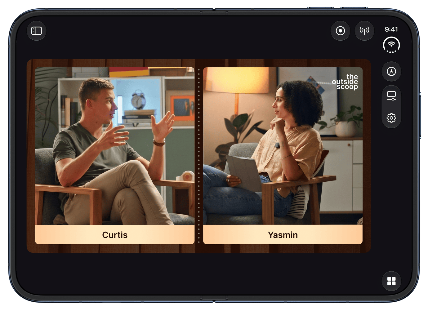 iPhone Duo unfolded, with Camo Studio showing a two-camera podcast scene with name labels and the show logo