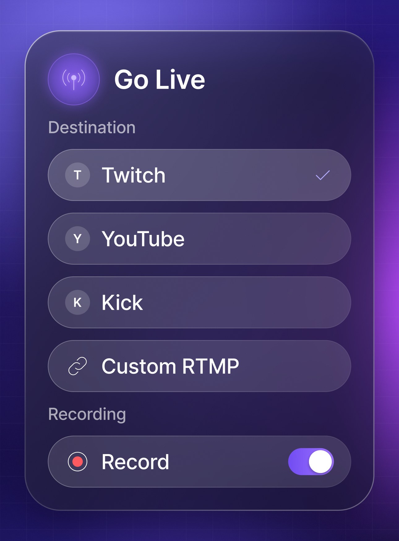 Camo Studio's Go Live panel: Twitch selected as the destination, with YouTube, Kick and Custom RTMP listed, and Record switched on