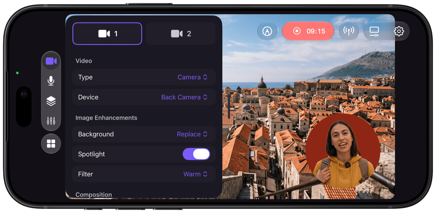Camo Studio on iPhone in landscape while recording: the camera settings panel for two camera sources, beside a preview with the rear camera showing Dubrovnik's rooftops and the front camera adding the host in a circular picture-in-picture