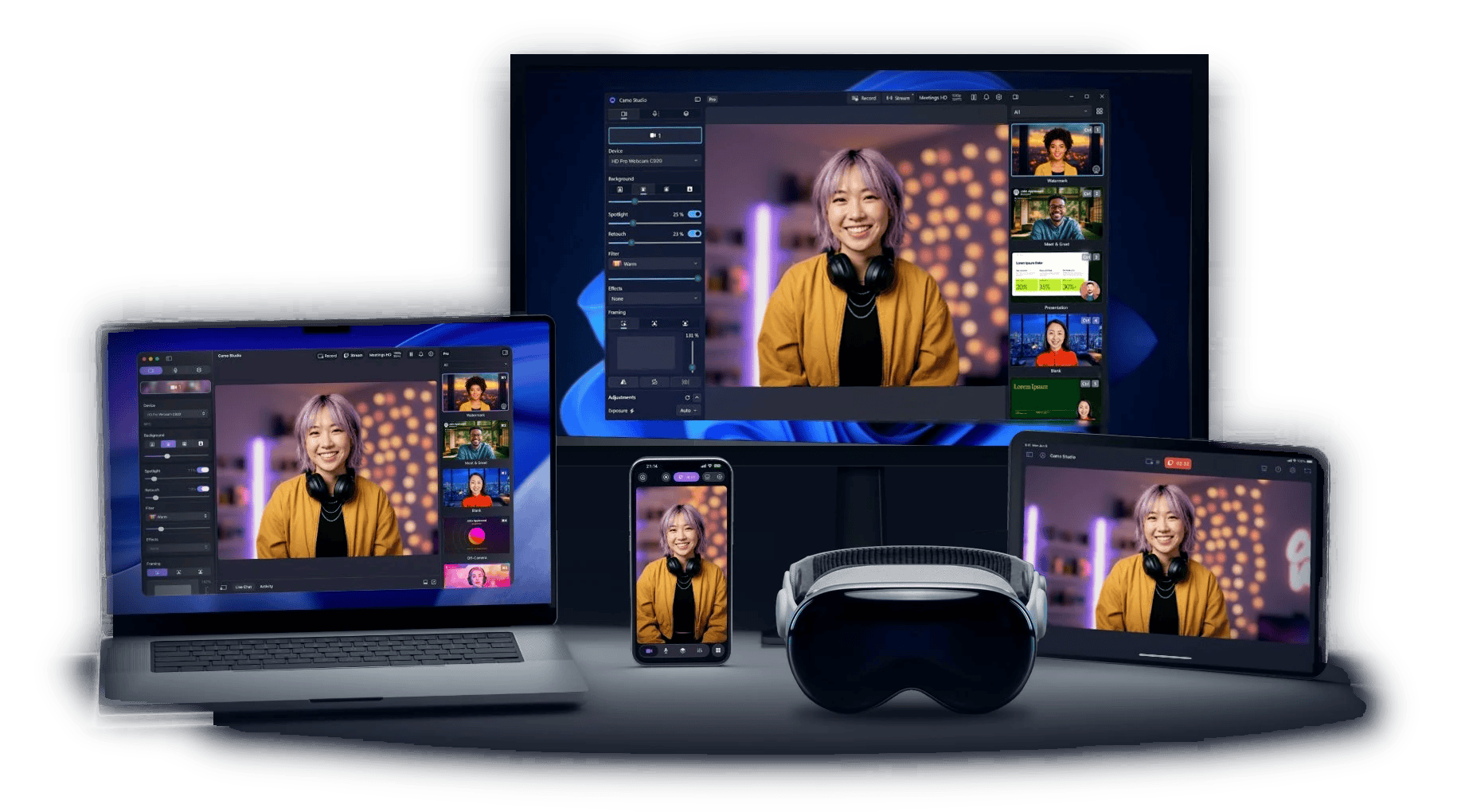 The same Camo Studio scene, a streamer with lilac hair in a mustard jacket, running on a MacBook, a Windows PC monitor, an iPhone and an iPad, with an Apple Vision Pro resting on the desk in front