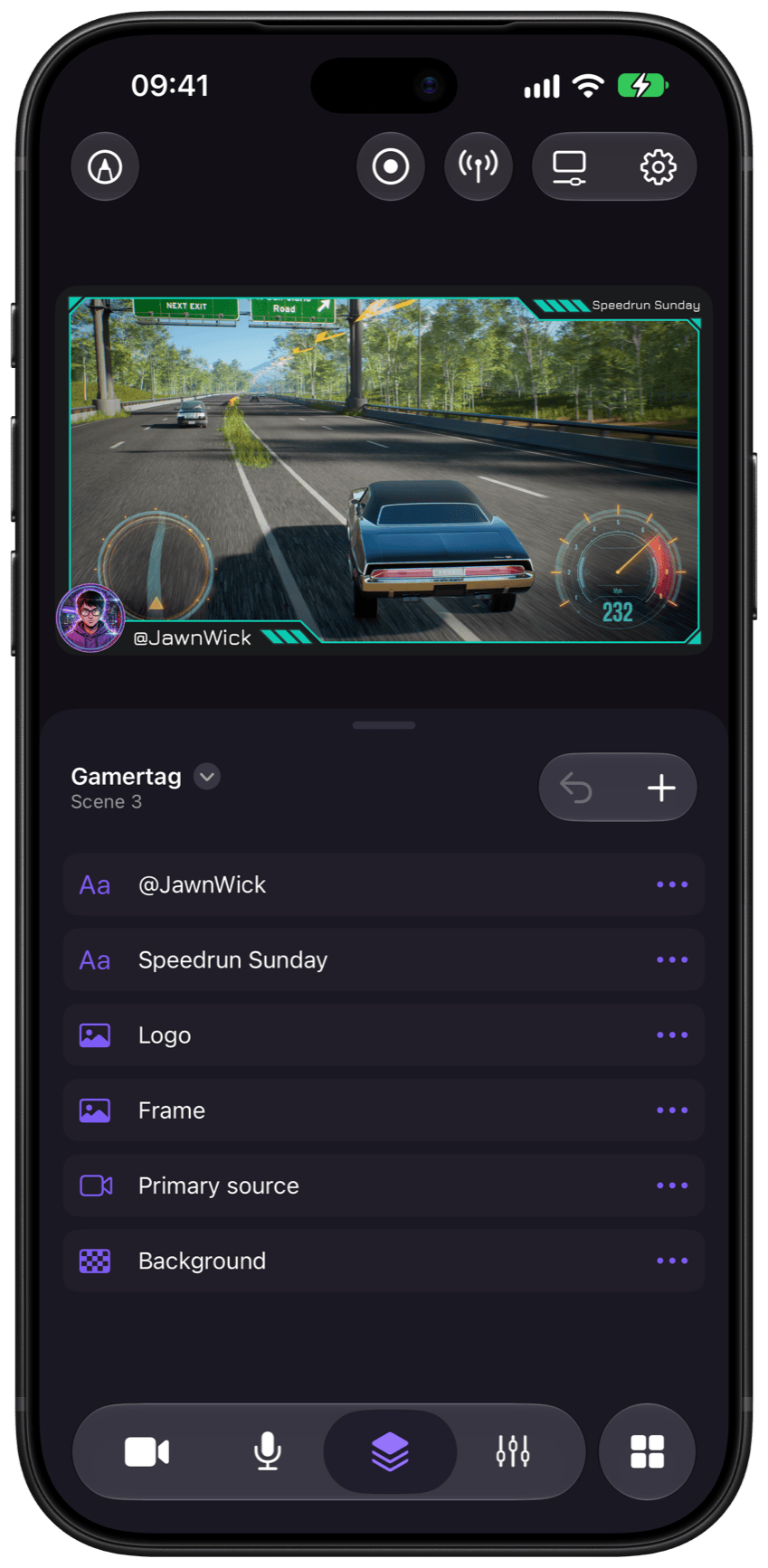 Camo Studio on iPhone in landscape: the Gamertag scene's layer list (text, logo, frame, primary source and background layers) beside a live racing-game preview