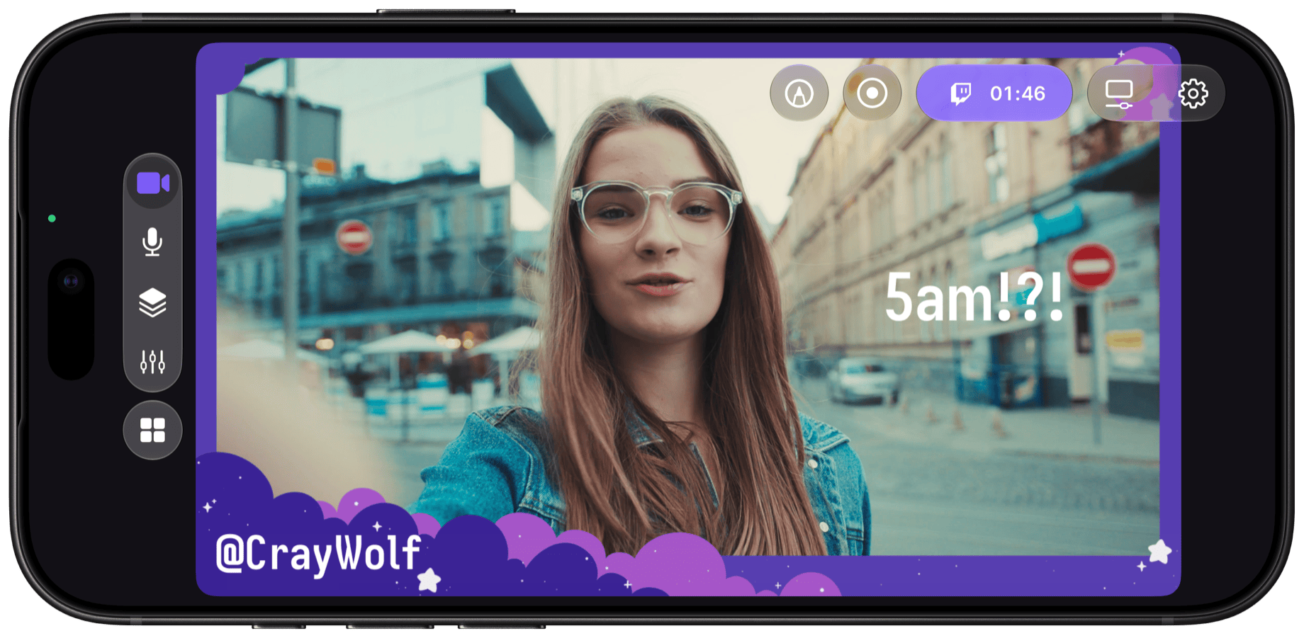Camo Studio on iPhone, streaming a selfie scene in landscape