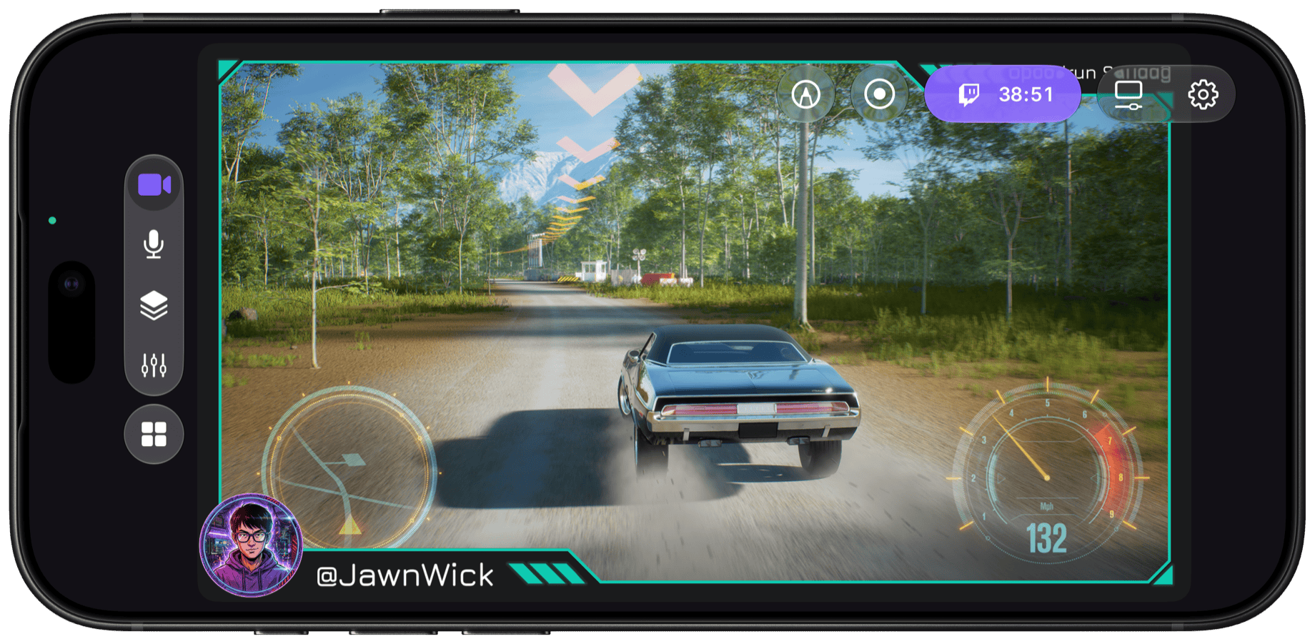 Camo Studio on iPhone in landscape, live on Twitch: a racing game captured from the screen inside a teal stream overlay with the streamer's avatar and @JawnWick handle