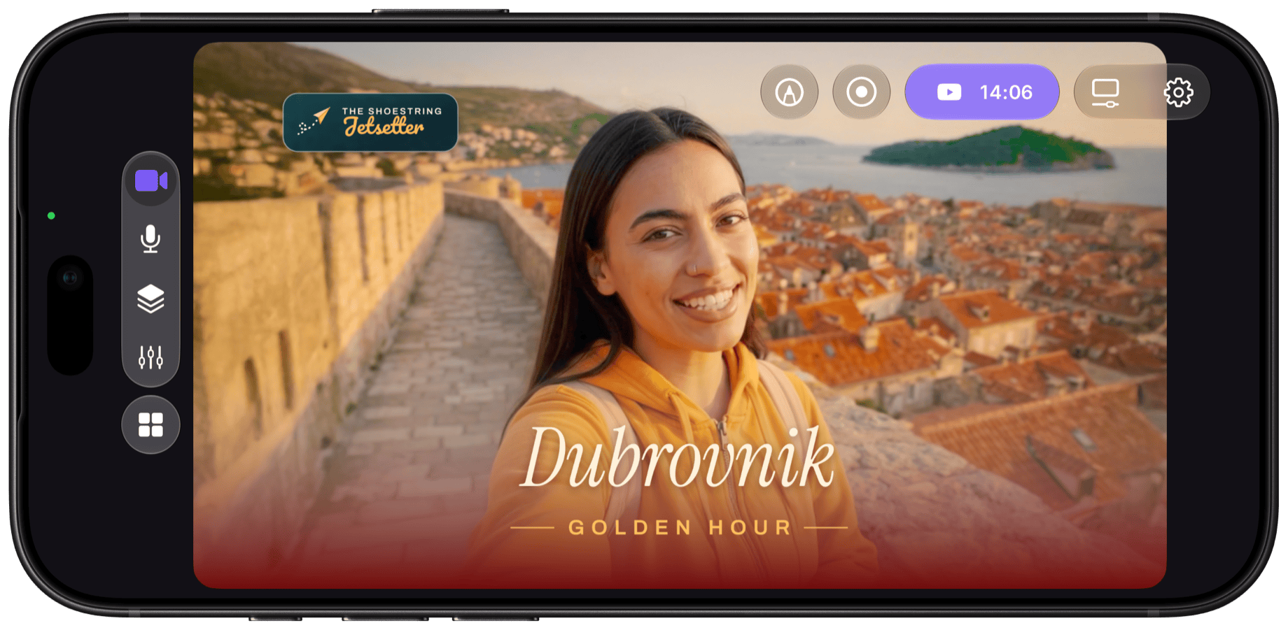 Camo Studio on iPhone in landscape: a travel streamer live on YouTube from Dubrovnik's city walls at golden hour, with The Shoestring Jetsetter logo, a 'Dubrovnik – Golden Hour' title and a YouTube timer reading 14:06