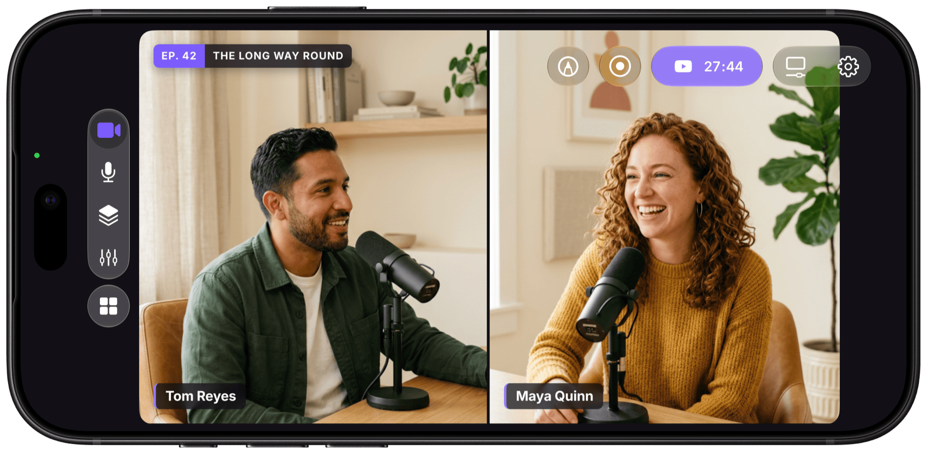Camo Studio on iPhone in landscape, live on YouTube: a two-host video podcast shown side by side, one host from the iPhone's own camera and the other from a second iPhone running Camo Camera, with name tags and an episode title