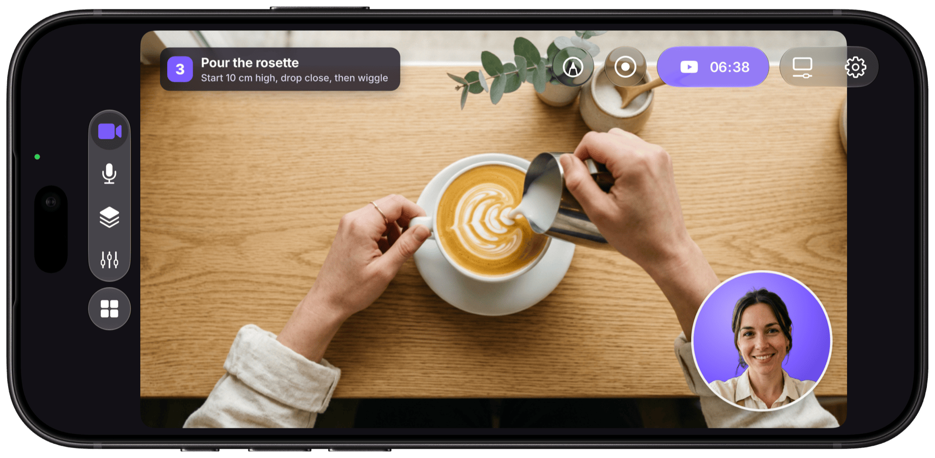 Camo Studio on iPhone in landscape, live on YouTube: the rear camera looks down on a barista pouring a latte art rosette, while the front camera shows her face in a circular inset with the background removed, under a Step 3 label