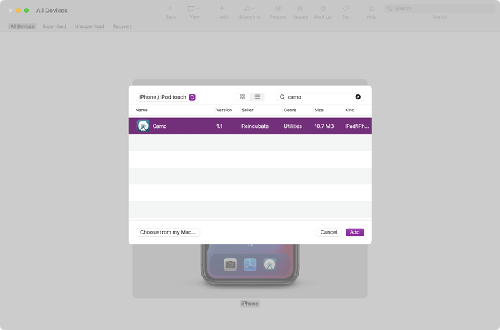 Apple Configurator ready to download an app