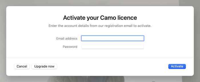 Camo Studio prompting for license details