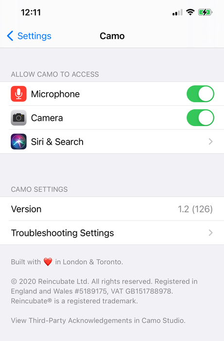 Настройки Camo в iOS