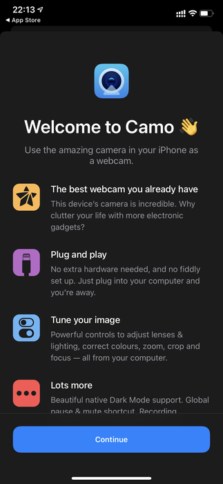 Camo's welcome screen