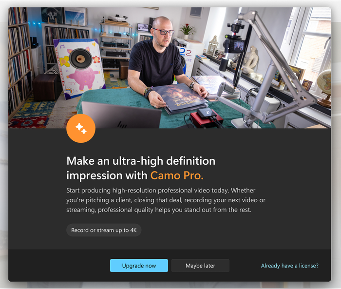 Camo Studio's upgrade message