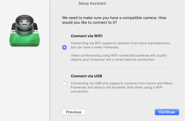 Pantalla de configuración de Cascable Pro Webcam