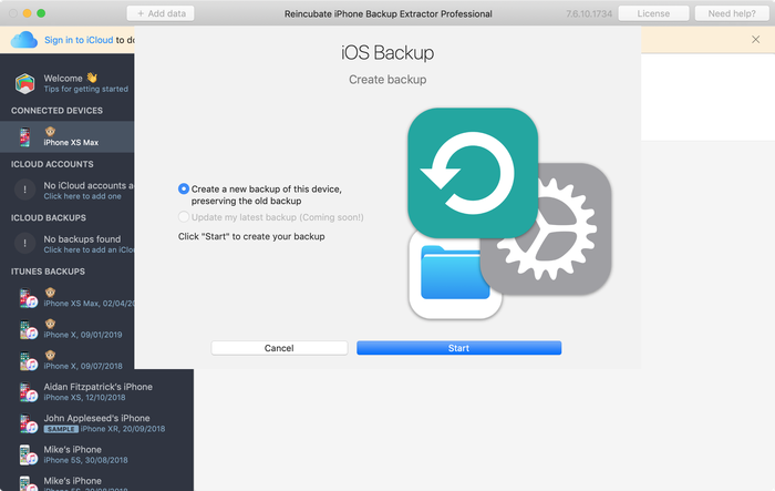 iPhone Backup Extractor's backup creation wizard