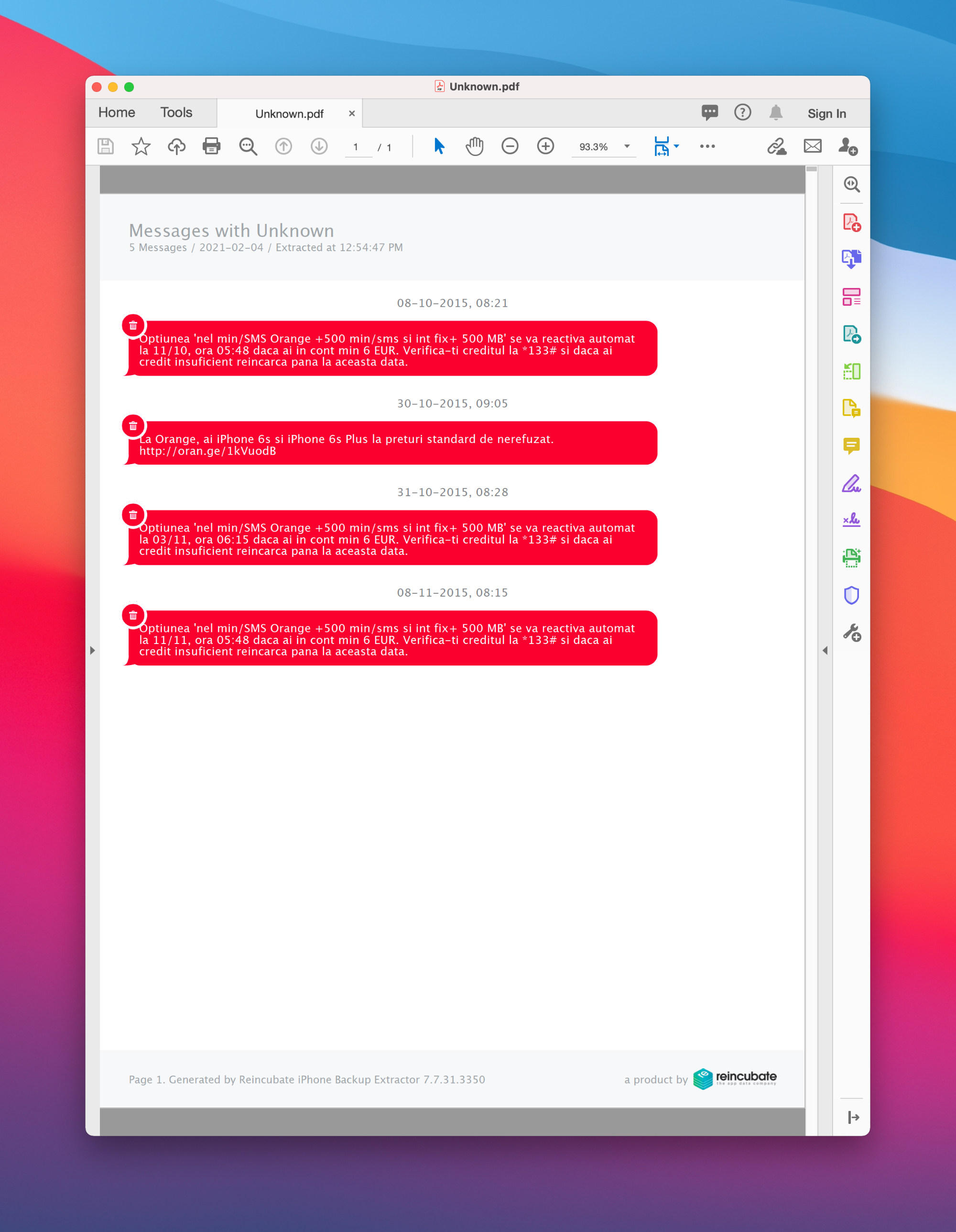 iPhone Backup Extractor showing a preview of deleted messages