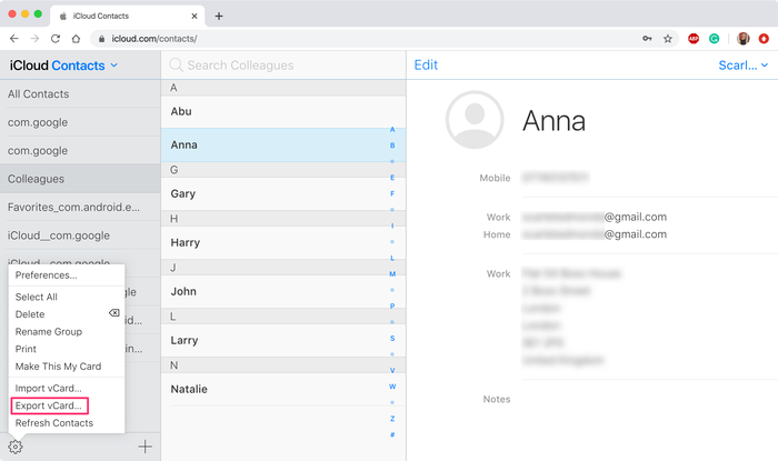 Exporting contacts directly from iCloud.com
