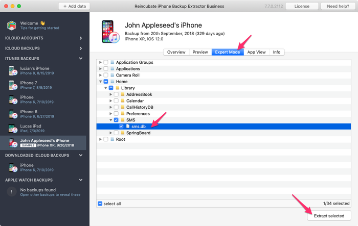 Extracting sms.db with iPhone Backup Extractor