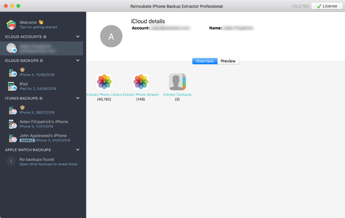 iPhone Backup Extractor showing iCloud account details
