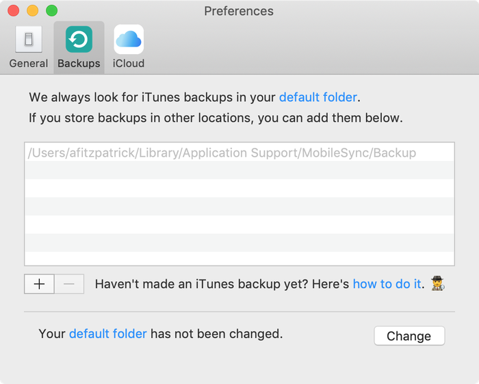 iPhone Backup Extractor's Preferences pane showing backup locations