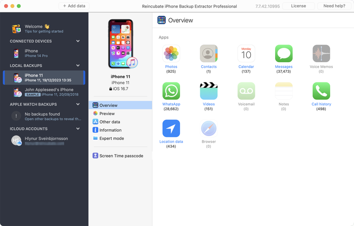 iPhone Backup Extractor showing a backup