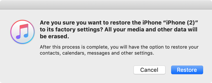 iTunes confirming the restore choice
