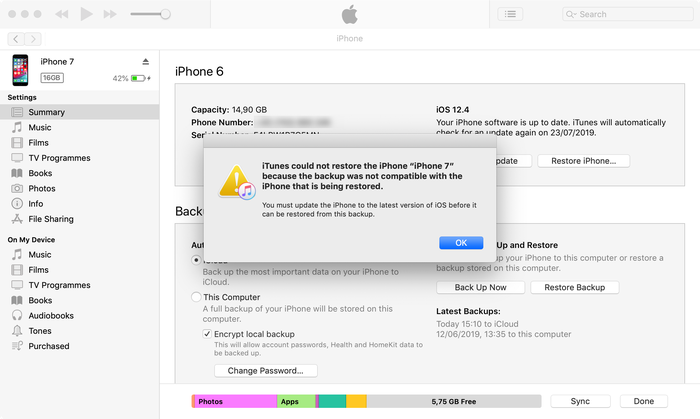 Trying to restore an iOS beta backup to an older version of iOS