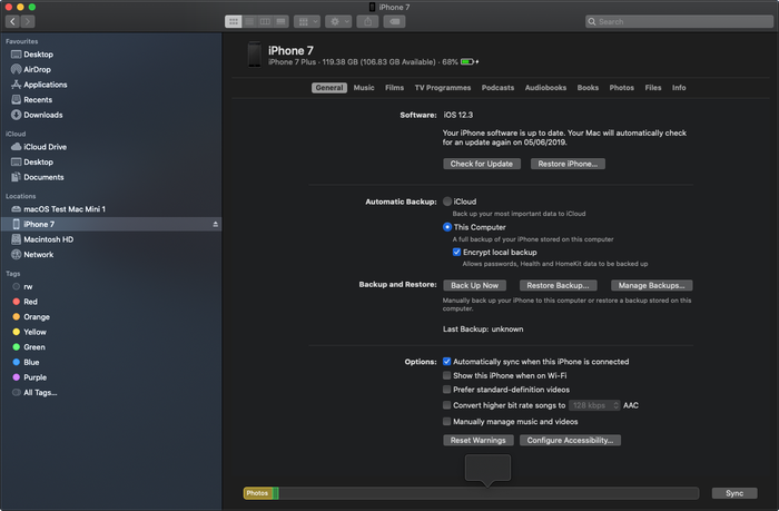 macOS Finder's iOS backup interface