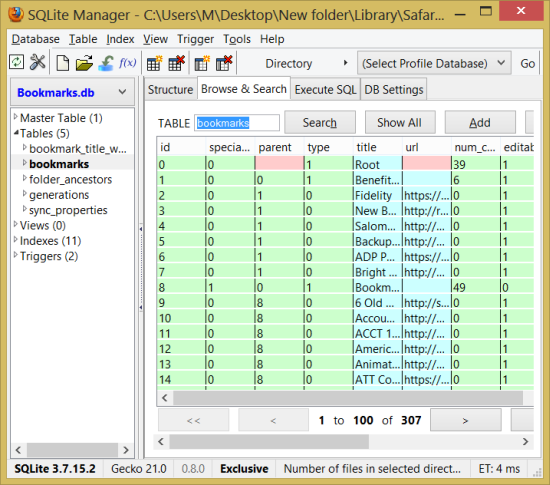 Querying the Safari bookmarks database